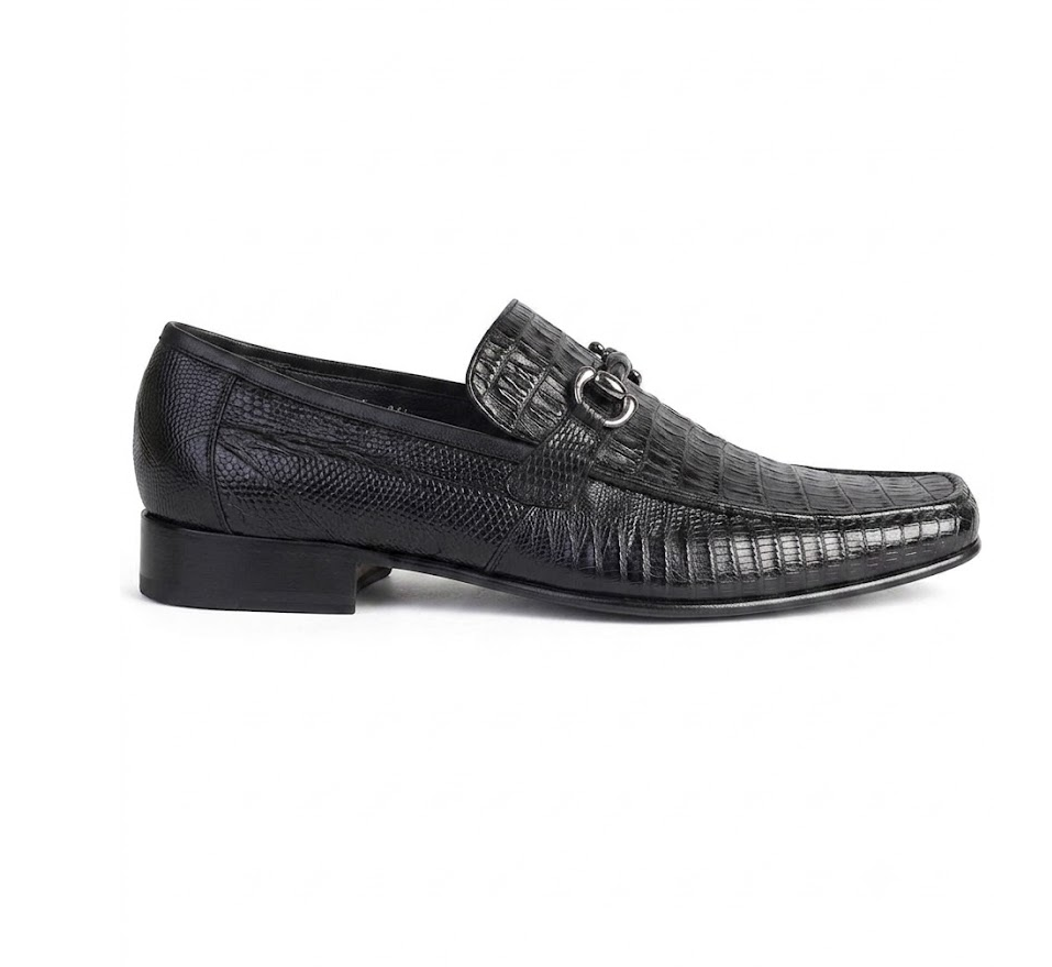 Los Altos Men's Stylish Black Genuine Caiman Belly And Lizard Classic Slip-On Dress Shoes