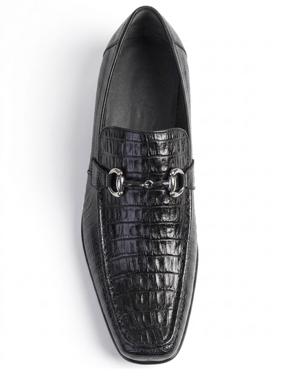 Los Altos Men's Stylish Black Genuine Caiman Belly And Lizard Classic Slip-On Dress Shoes