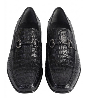 Los Altos Men’s Black Caiman Belly and Lizard Slip-On Dress Shoes, Exotic Bit Loafers