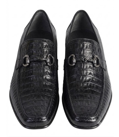 Los Altos Men's Stylish Black Genuine Caiman Belly And Lizard Classic Slip-On Dress Shoes