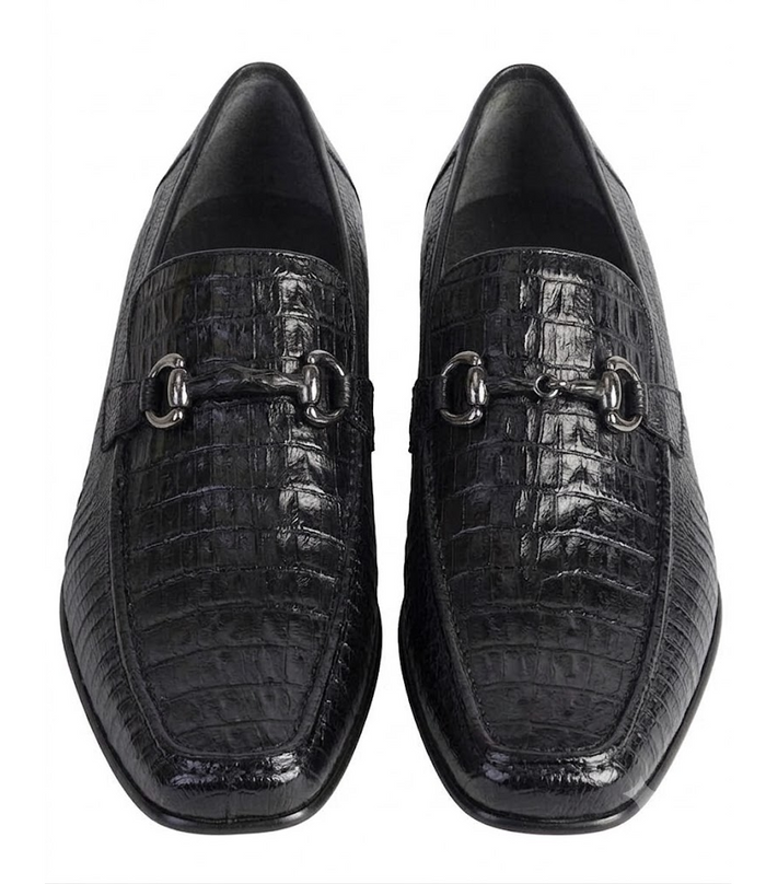 Los Altos Men’s Black Caiman Belly and Lizard Slip-On Dress Shoes, Exotic Bit Loafers