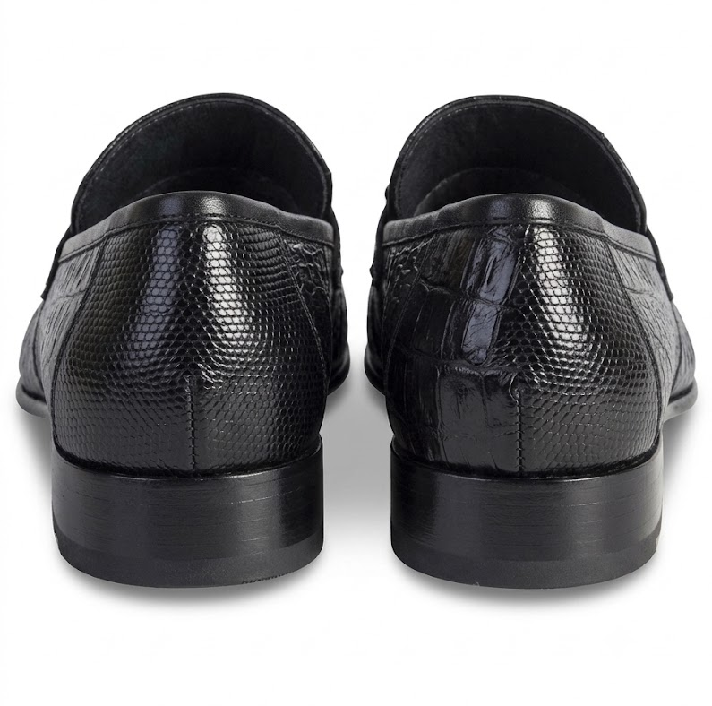 Los Altos Men's Stylish Black Genuine Caiman Belly And Lizard Classic Slip-On Dress Shoes