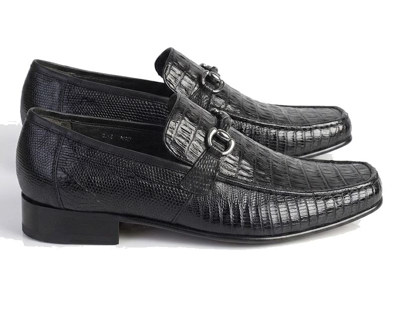 Los Altos Men's Stylish Black Genuine Caiman Belly And Lizard Classic Slip-On Dress Shoes