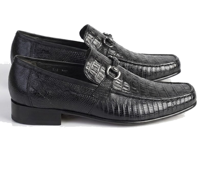 Los Altos Men's Stylish Black Genuine Caiman Belly And Lizard Classic Slip-On Dress Shoes