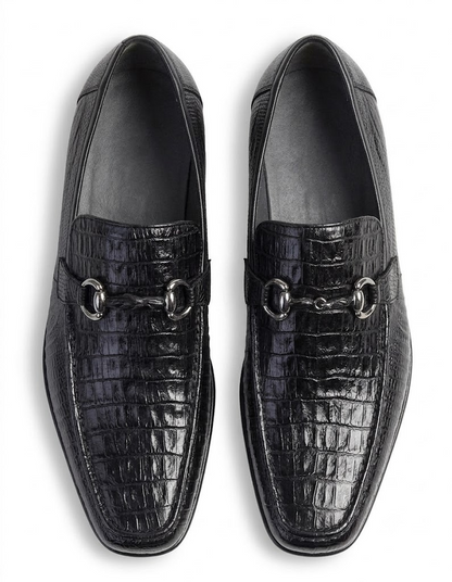 Los Altos Men's Stylish Black Genuine Caiman Belly And Lizard Classic Slip-On Dress Shoes