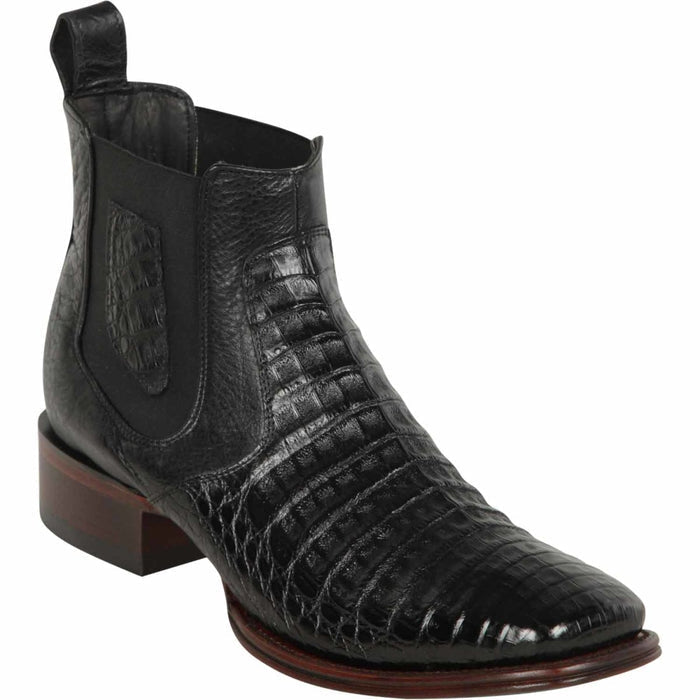 Los Altos Men's Wide Square Toe Caiman Belly Short Boots - Black