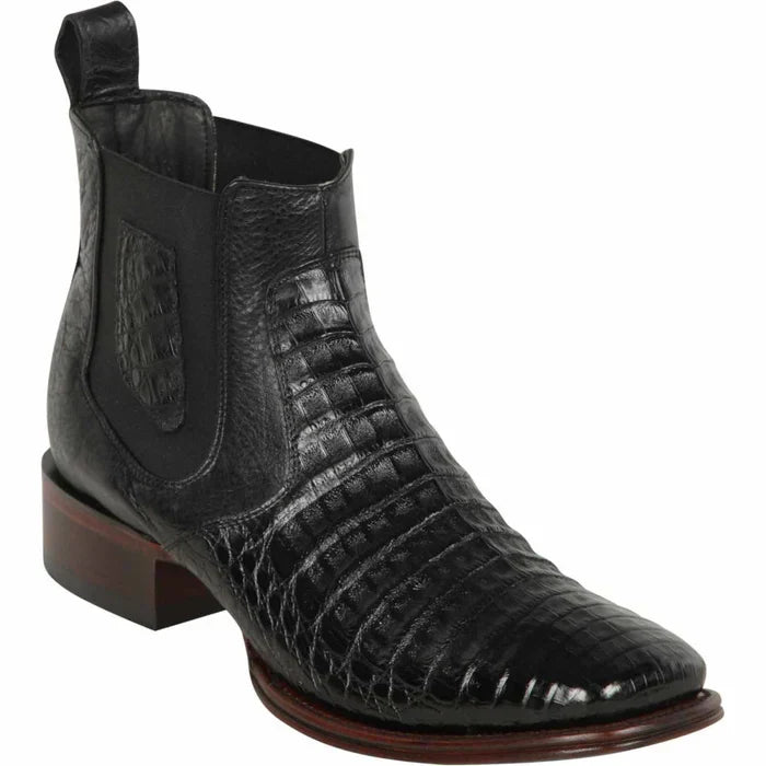 Los Altos Men's Wide Square Toe Caiman Belly Short Boots - Black - Image 3