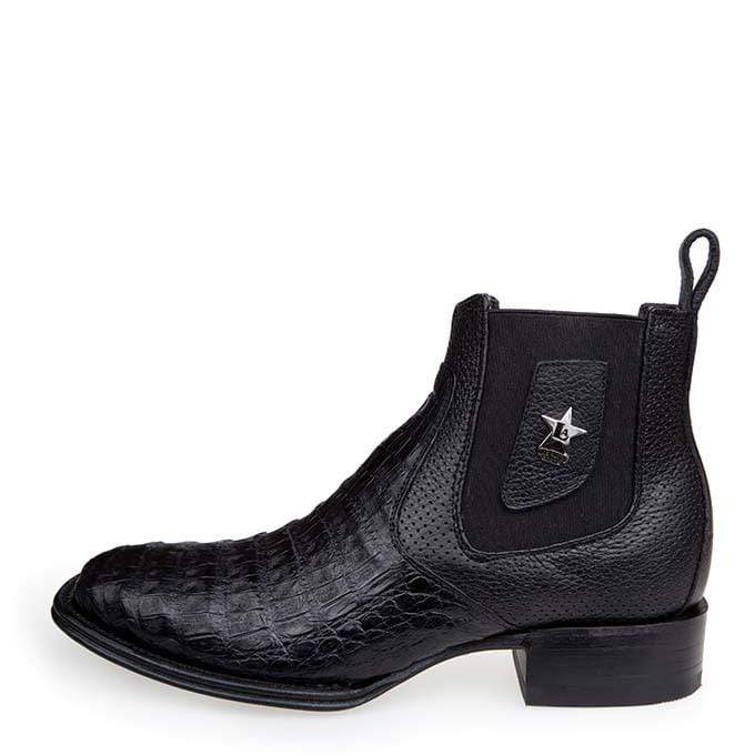 Los Altos Men's Wide Square Toe Caiman Belly Short Boots - Black - Image 5