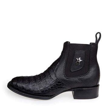 Los Altos Men's Wide Square Toe Caiman Belly Short Boots - Black - Image 5