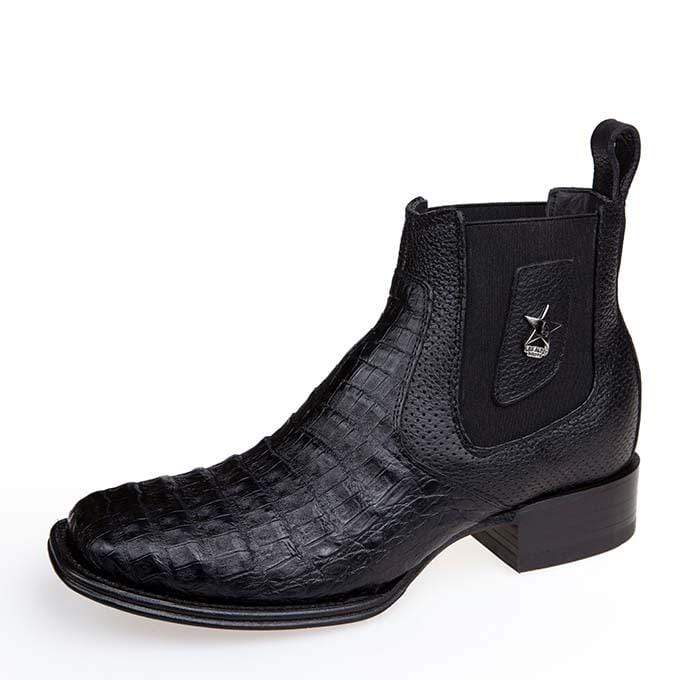 Los Altos Men's Wide Square Toe Caiman Belly Short Boots - Black - Image 2
