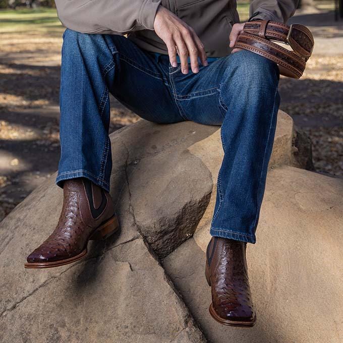 Los Altos Men's Wide Square Toe Ostrich Short Boots - Brown