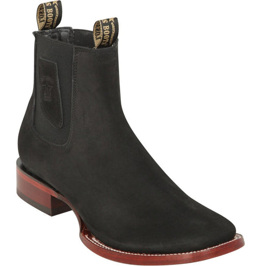 Los Altos Men's Wide Square Toe Suede Leather Short Boots - Black