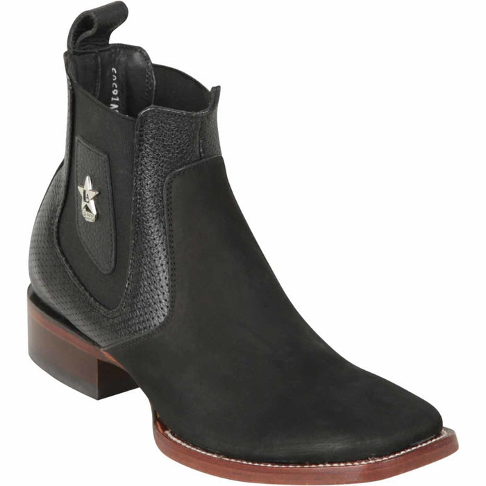 Los Altos Men's Wide Square Toe Suede Leather Short Boots - Black