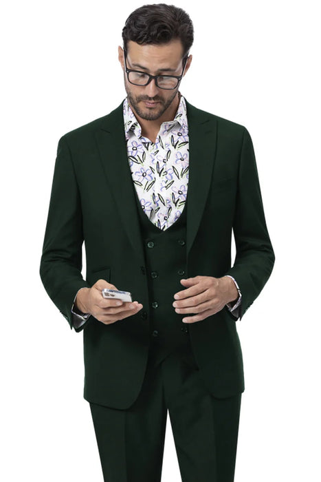 Modern Fit Wide Lapel Suit - Peak Lapel Suit with Double breasted Vest in Black - Navy Blue - Gold - Charcoal - Brown - Purple - Hunter