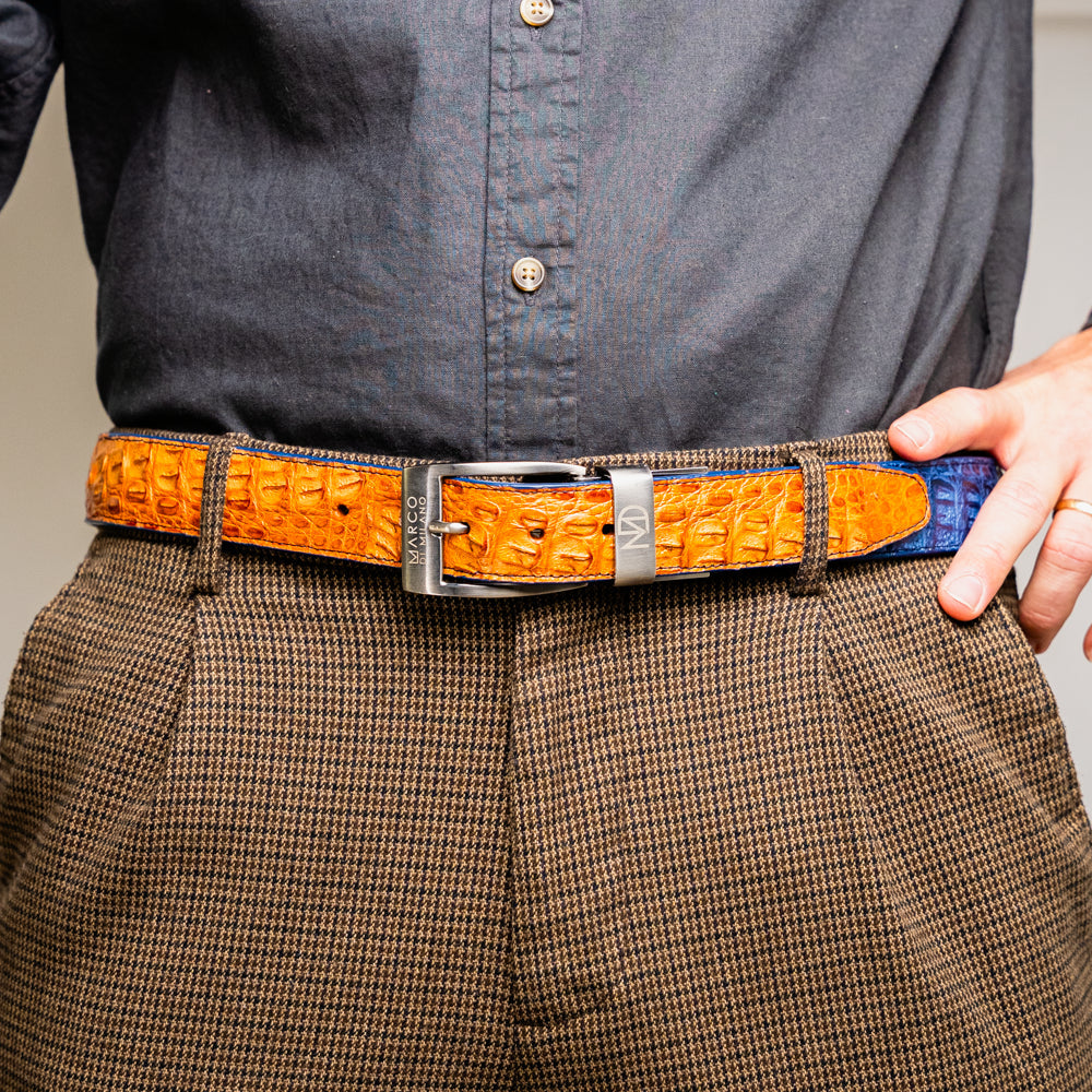 Marco_Di_Milano Luciano Belt: Blue & Brandy Leather Dress Shoe
