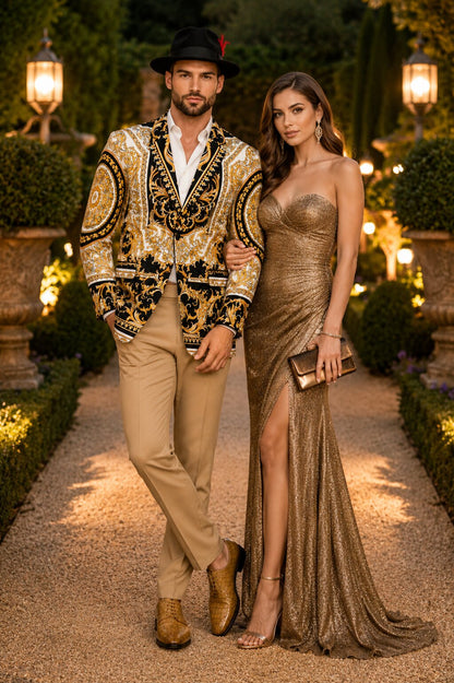 Men’s Black and Gold Baroque Blazer with Matching Pants, Hat, and Shoes – Luxury Party and Wedding Outfit Set