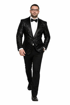 Men'S Sharkskin Flashy Stage Shiny Sequin Paisley Blazer Dinner Jacket 1 Button Black Sport Coat Jacket - Image 4