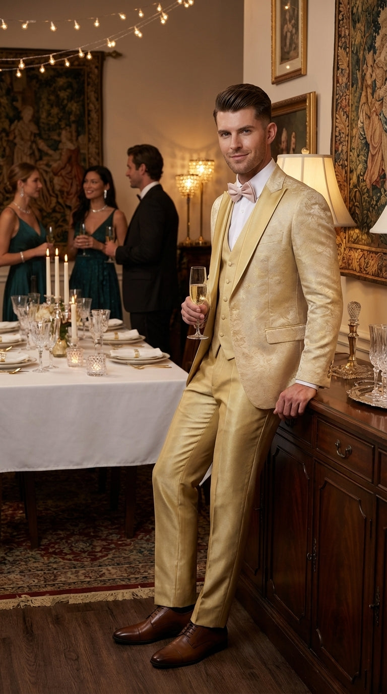 Vitali Mens Yellow Gold Designer Tuxedo Suit Set – Luxury Wedding Prom Formal Tuxedo with Vest Bow Tie in Champaign Color