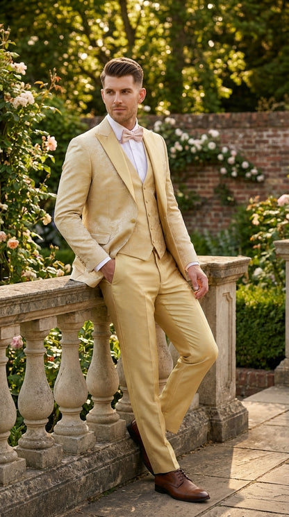 Vitali Mens Yellow Gold Designer Tuxedo Suit Set – Luxury Wedding Prom Formal Tuxedo with Vest Bow Tie in Champaign Color