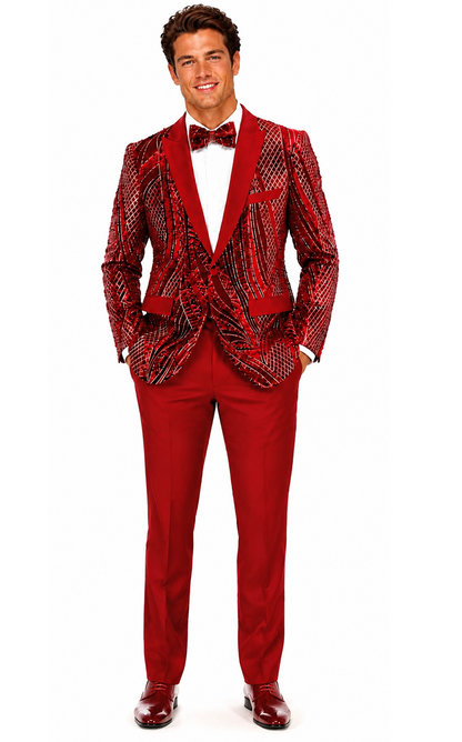 Mens Sequin Christmas Holiday Blazer – Luxury Party Jacket for New Year Jacket Sparkly Dinner Jacket in color "Ruby Red & Black Blazer"