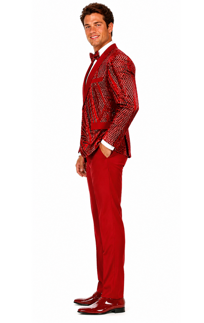 Mens Sequin Christmas Holiday Blazer – Luxury Party Jacket for New Year Jacket Sparkly Dinner Jacket in color "Ruby Red & Black Blazer"