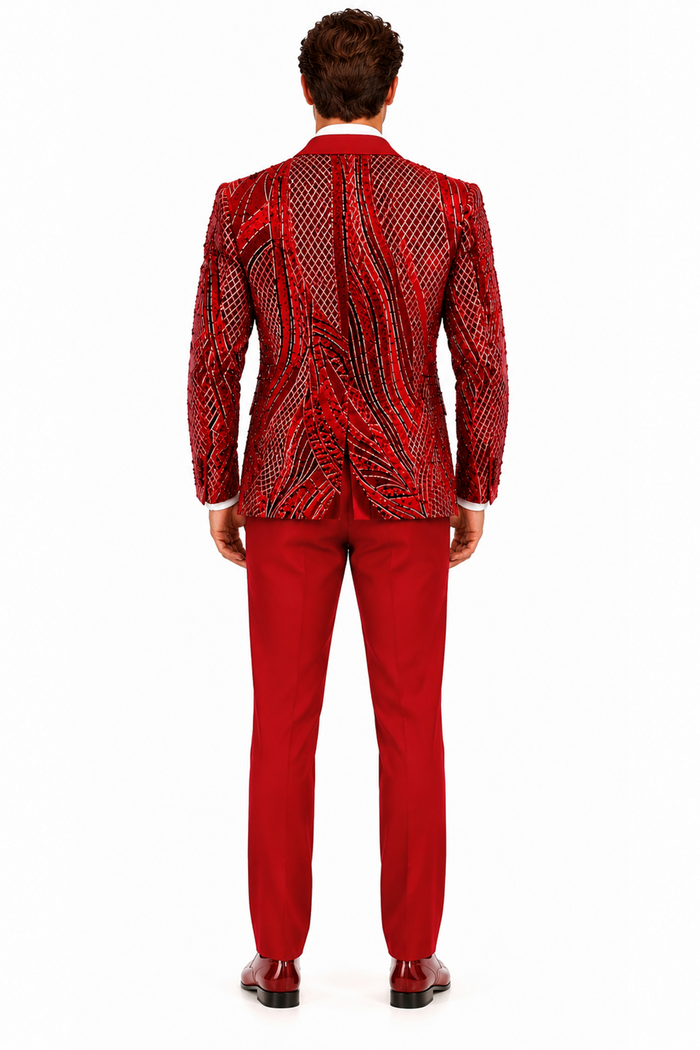 Mens Sequin Christmas Holiday Blazer – Luxury Party Jacket for New Year Jacket Sparkly Dinner Jacket in color "Ruby Red & Black Blazer"