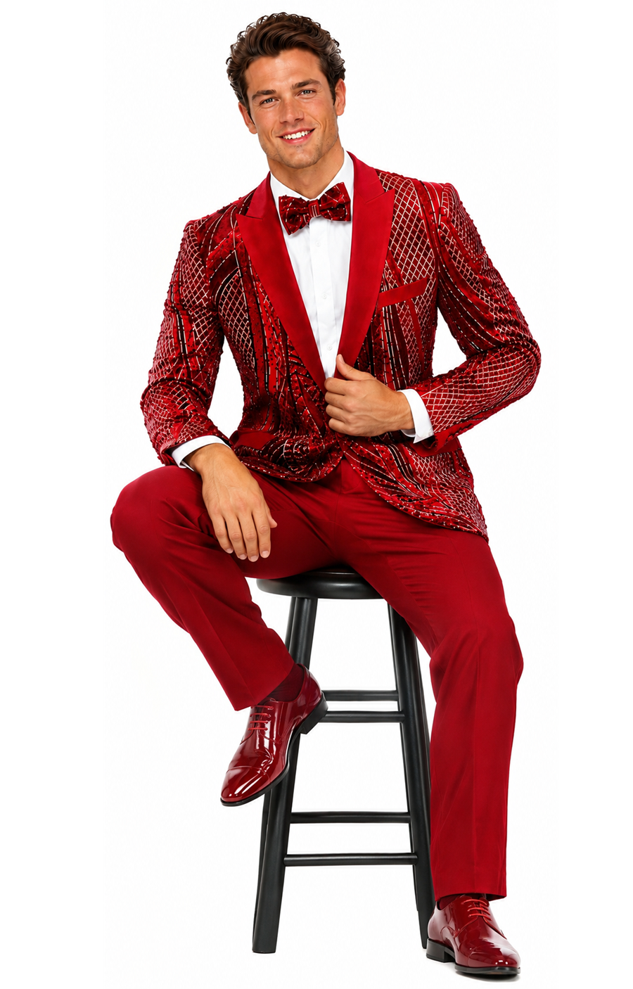 Mens Sequin Christmas Holiday Blazer – Luxury Party Jacket for New Year Jacket Sparkly Dinner Jacket in color "Ruby Red & Black Blazer"