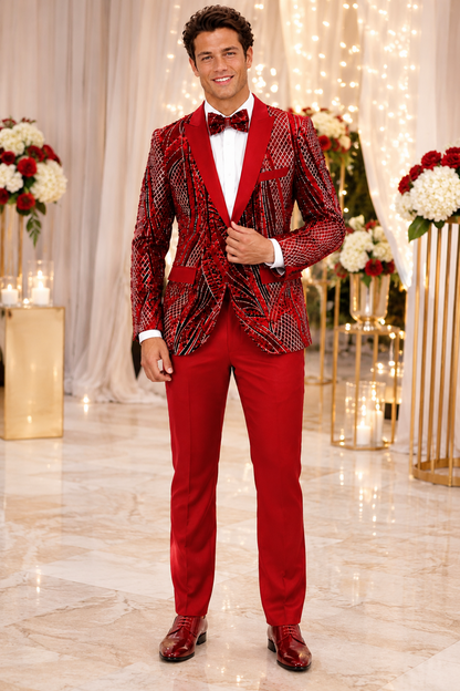 Mens Sequin Christmas Holiday Blazer – Luxury Party Jacket for New Year Jacket Sparkly Dinner Jacket in color "Ruby Red & Black Blazer"