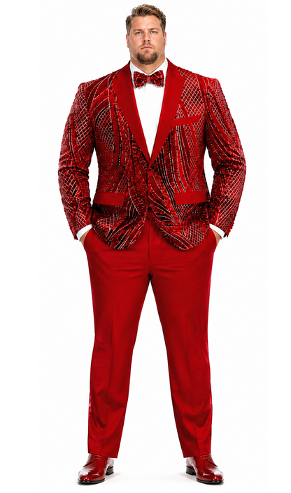 Mens Sequin Christmas Holiday Blazer – Luxury Party Jacket for New Year Jacket Sparkly Dinner Jacket in color "Ruby Red & Black Blazer"