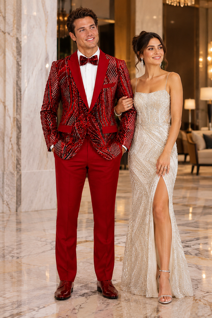 Mens Sequin Christmas Holiday Blazer – Luxury Party Jacket for New Year Jacket Sparkly Dinner Jacket in color "Ruby Red & Black Blazer"