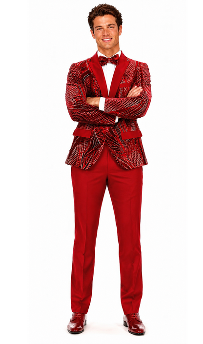 Mens Sequin Christmas Holiday Blazer – Luxury Party Jacket for New Year Jacket Sparkly Dinner Jacket in color "Ruby Red & Black Blazer"