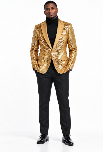 Mens Sequin Christmas Holiday Blazer – Luxury Party Jacket for New Year Jacket Sparkly Dinner Jacket in color "Gold"