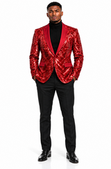 Mens Sequin Christmas Holiday Blazer – Luxury Party Jacket for New Year Jacket Sparkly Dinner Jacket in color "Red"