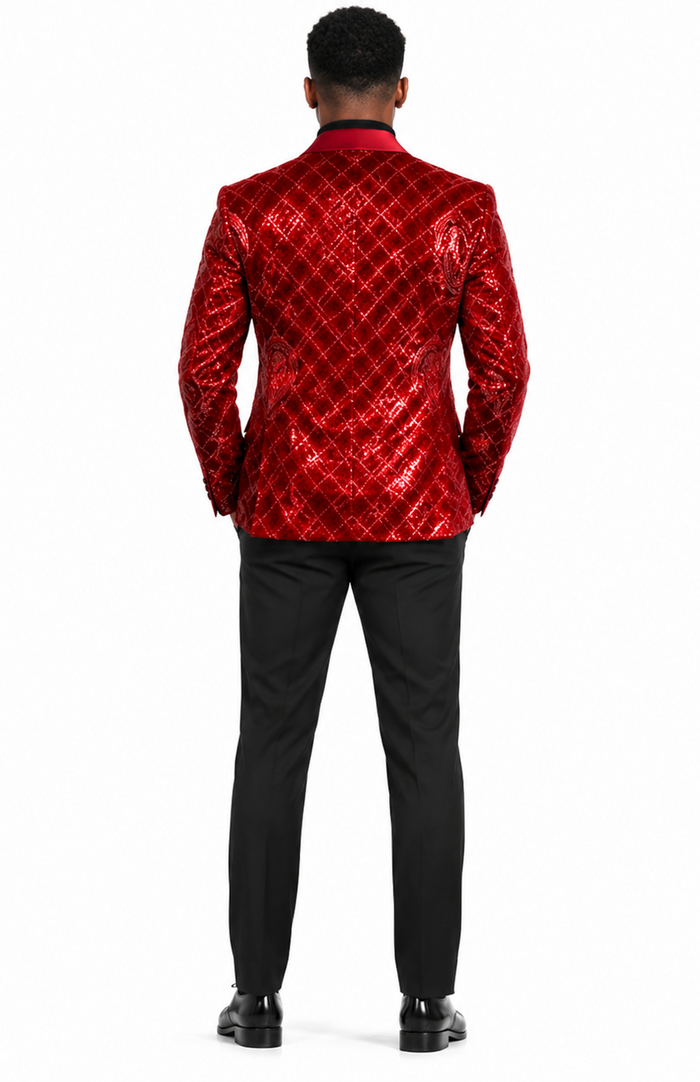 Mens Sequin Christmas Holiday Blazer – Luxury Party Jacket for New Year Jacket Sparkly Dinner Jacket in color "Red"