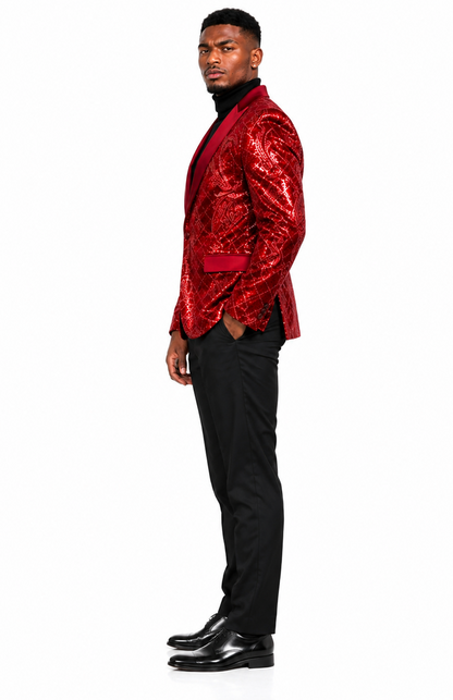 Mens Sequin Christmas Holiday Blazer – Luxury Party Jacket for New Year Jacket Sparkly Dinner Jacket in color "Red"