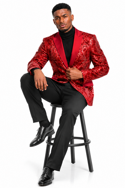 Mens Sequin Christmas Holiday Blazer – Luxury Party Jacket for New Year Jacket Sparkly Dinner Jacket in color "Red"