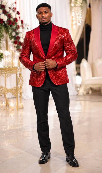 Mens Sequin Christmas Holiday Blazer – Luxury Party Jacket for New Year Jacket Sparkly Dinner Jacket in color "Red"