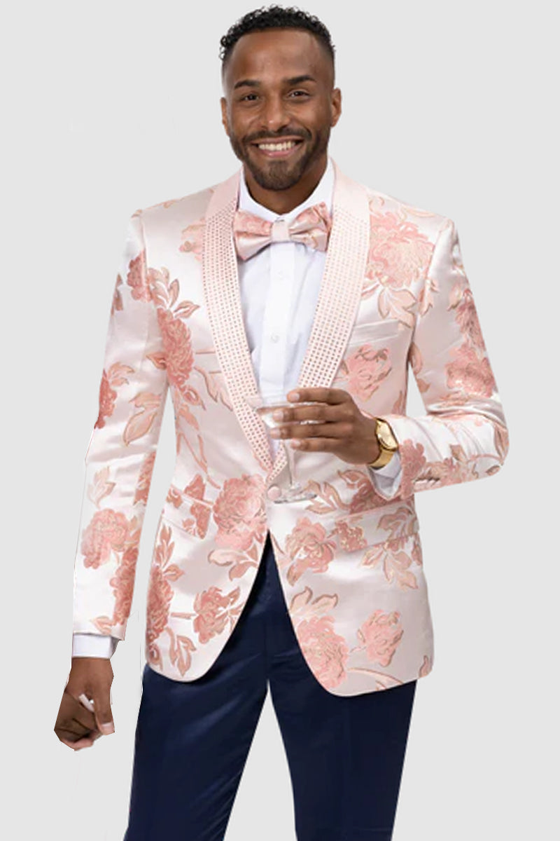 Men’s Modern Pink Satin Paisley Prom Tuxedo Dinner Jacket by EJ Samuel