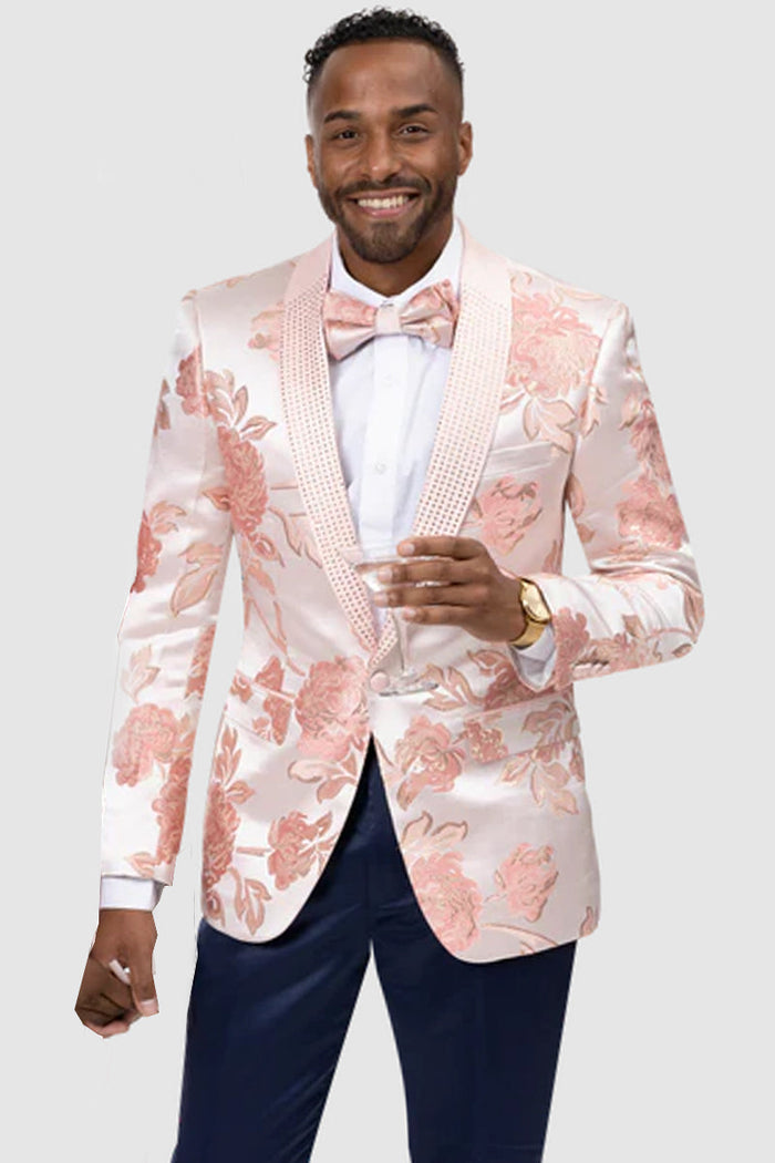 Men’s Modern Pink Satin Paisley Prom Tuxedo Dinner Jacket by EJ Samuel