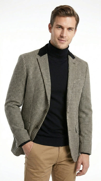 Men’s White and Black Houndstooth Checkered Blazer, Dress Casual Sport Coat Jacket