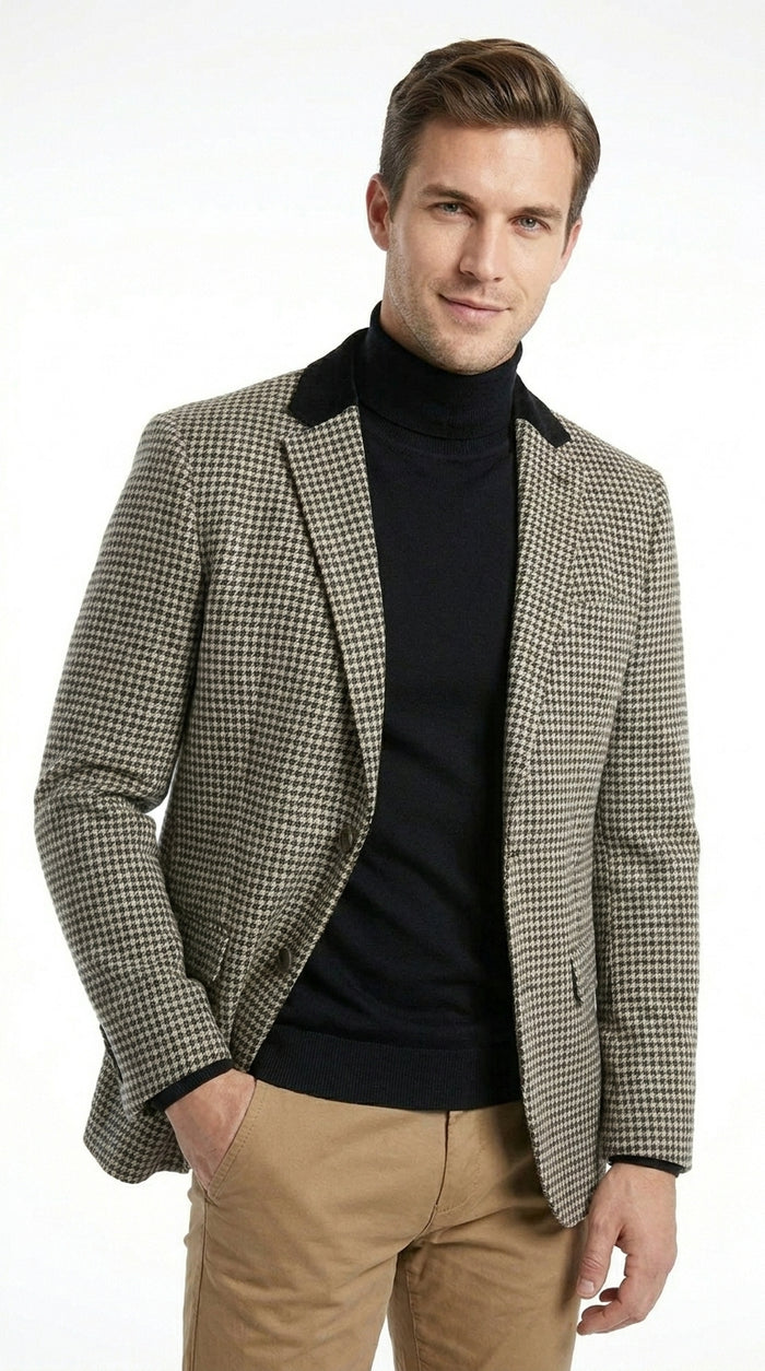 Men’s White and Black Houndstooth Checkered Blazer, Dress Casual Sport Coat Jacket