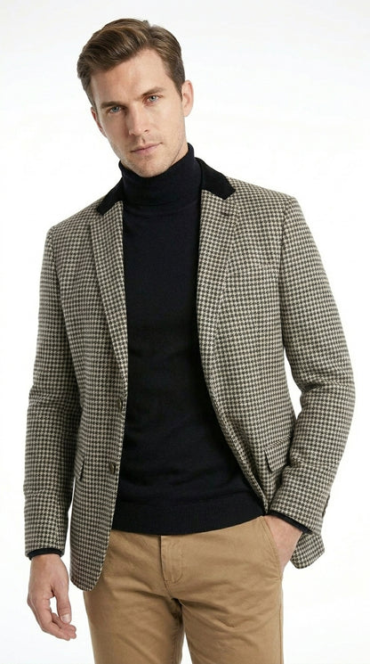 Men’s White and Black Houndstooth Checkered Blazer, Dress Casual Sport Coat Jacket