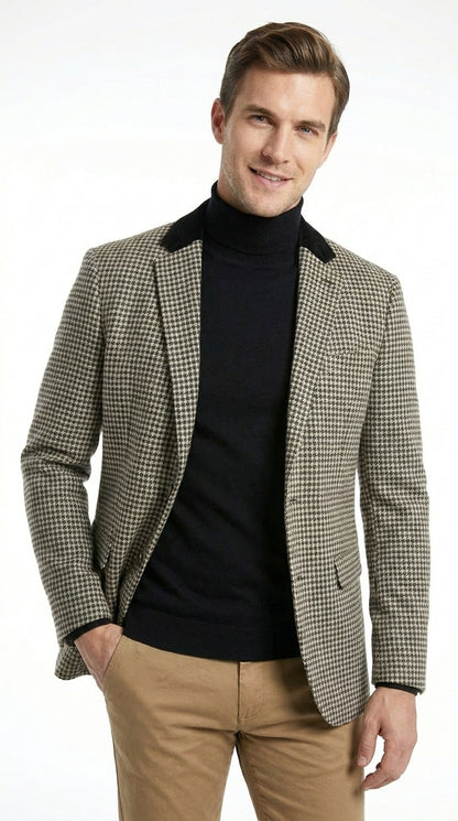 Men’s White and Black Houndstooth Checkered Blazer, Dress Casual Sport Coat Jacket