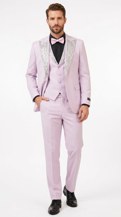 Gray and Pink Prom Tuxedo - Perfect Wedding Suit Vested rhinestone sequin Lapelled