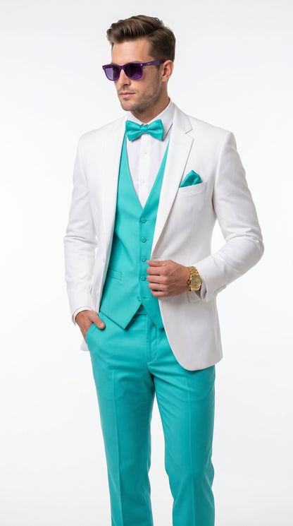 White and Turquoise Tuxedo Wedding Suit - White Dinner Jacket + Vest + Pants + Bow-tie