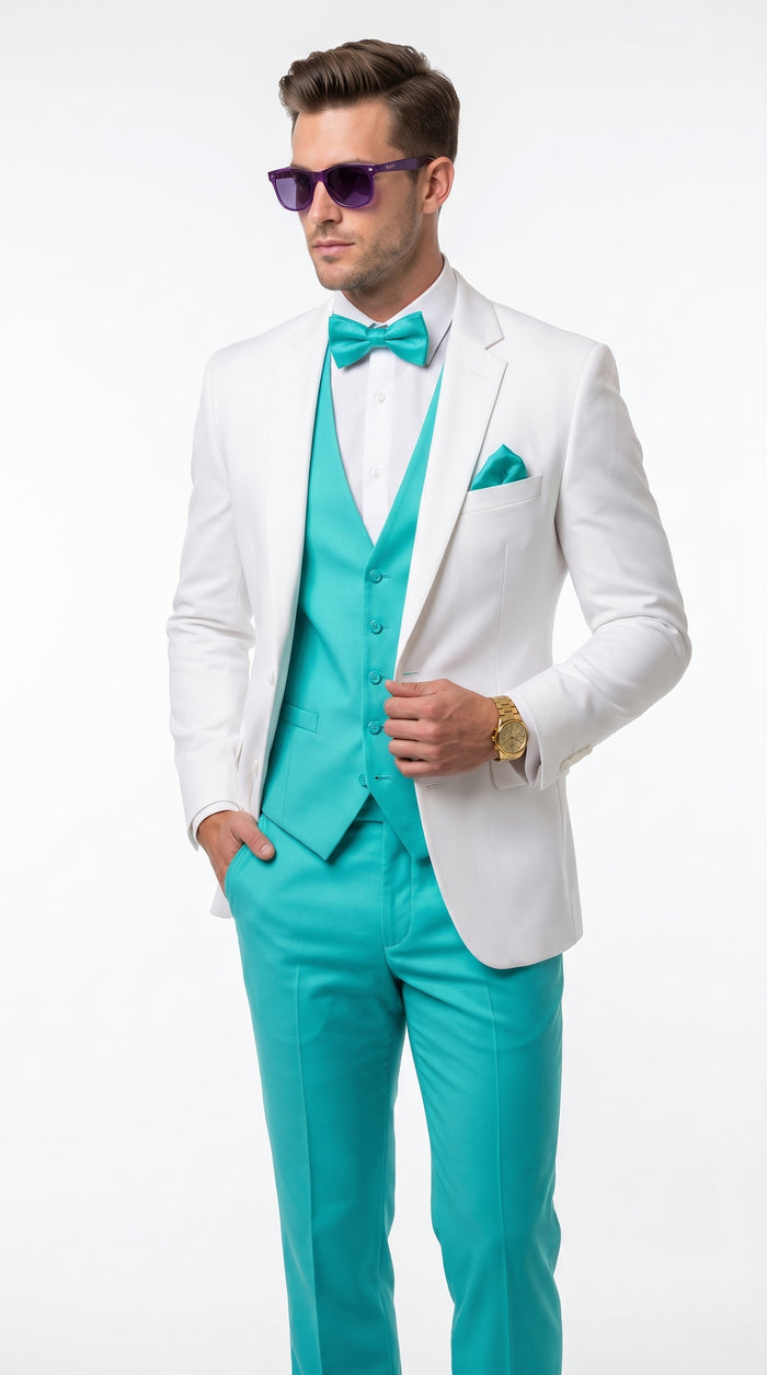 White and Turquoise Tuxedo Wedding Suit - White Dinner Jacket + Vest + Pants + Bow-tie