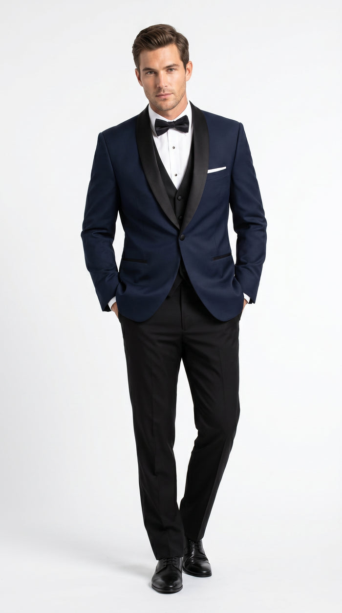 Suit Midnight Dark Navy Blue Suit For Men Tux With Black Lapel Suit Shawl Collar 1 Button Dinner Jacket Looking