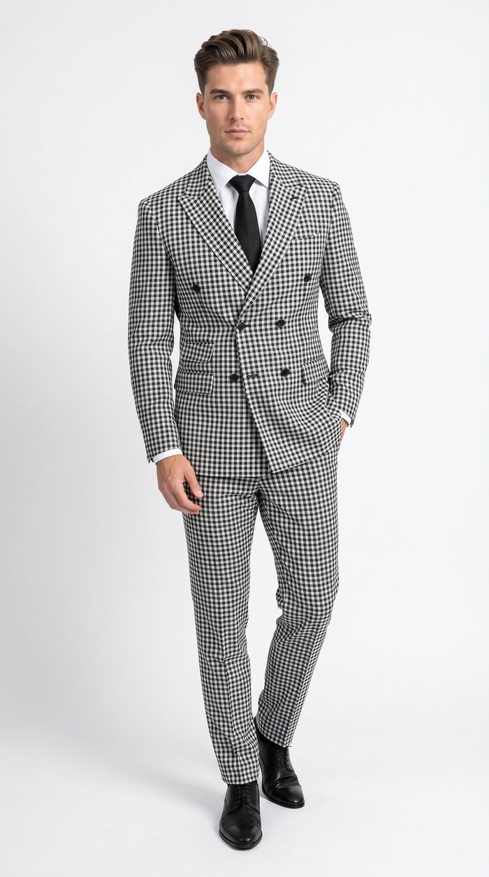 Men’s Black and White Houndstooth 2 Piece Wool Suit with Double Breasted Jacket and Pants  Modern Fit