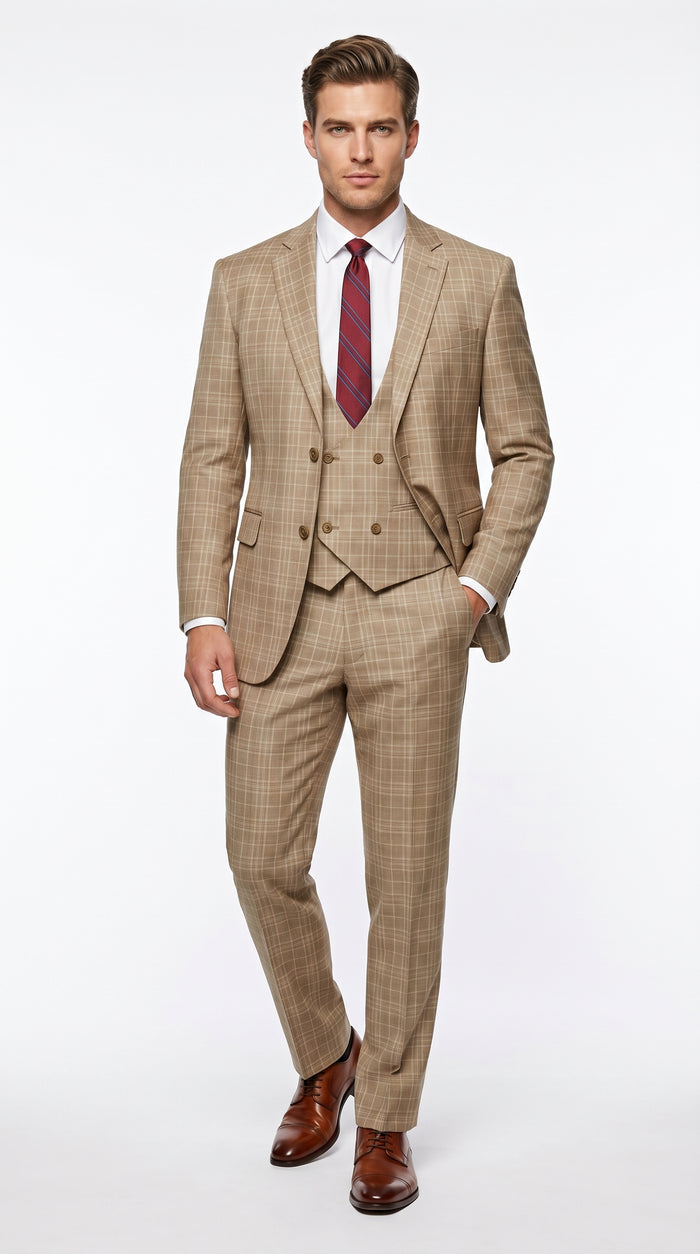 Men’s Renaissance Collection Camel 3 Piece Suit with Jacket, Vest and Pants, Formal Wedding Dress Suit Modern Fit
