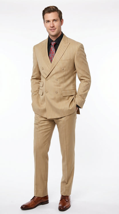 Mens Double Breasted Gangster Bold Pinstripe Suit in Camel